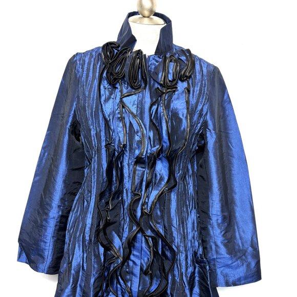 Jerry T  Royal Blue Iridescent  Coat w/  Ruffle and loose pleating Size - Picture 3 of 12